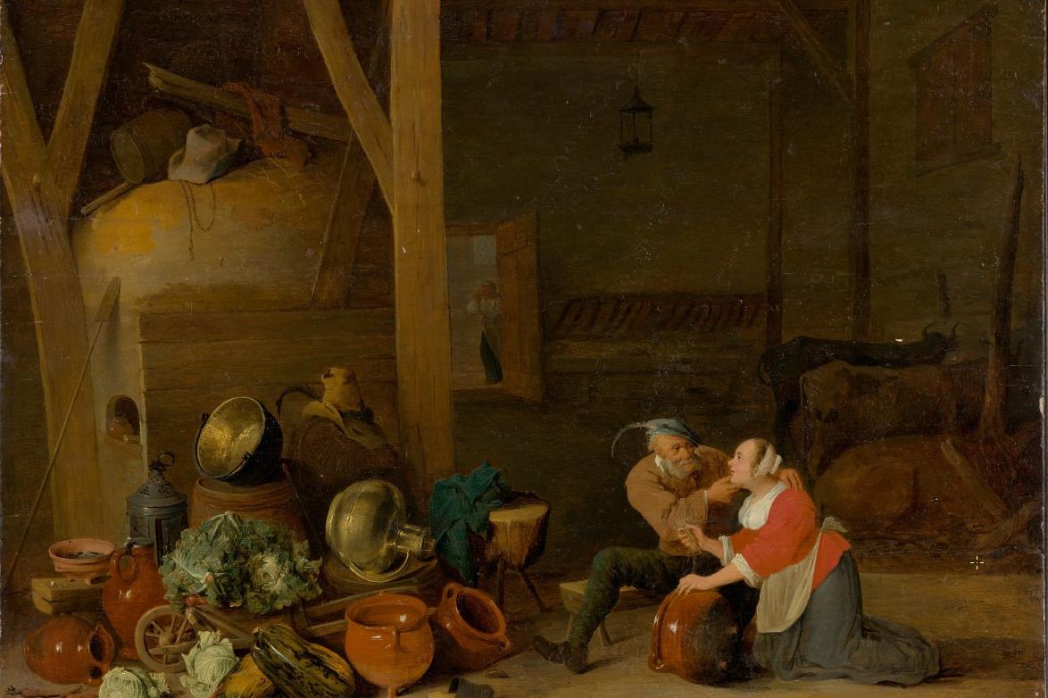 Ein Alter umarmt die Magd im Stall, 1649(?), Öl auf Eichenholz, 47,5 x 64 cm