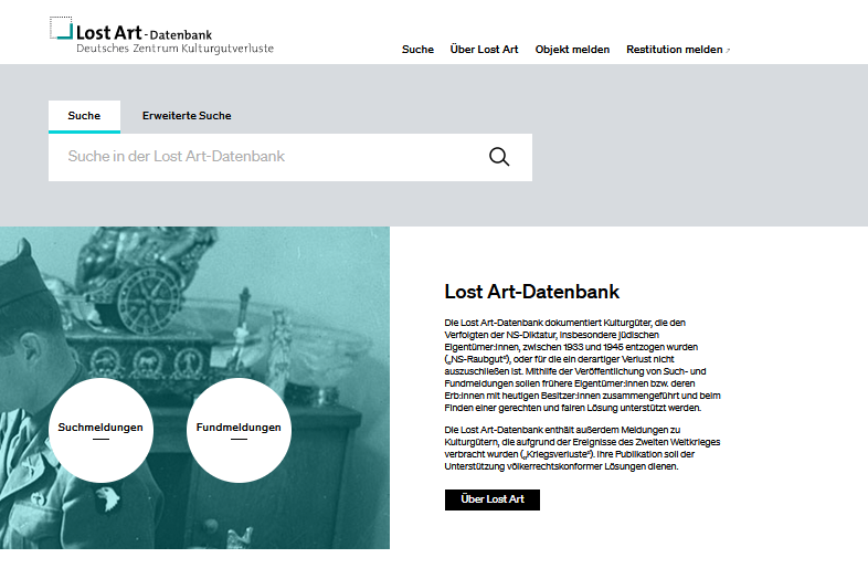Screenshot from Lost Art Database website