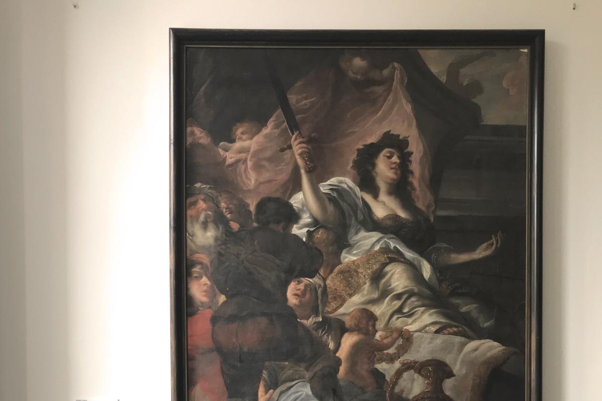 Gemälde „Justitia“ des Barockmalers Jürgen Ovens in einem Ausstellungskontext