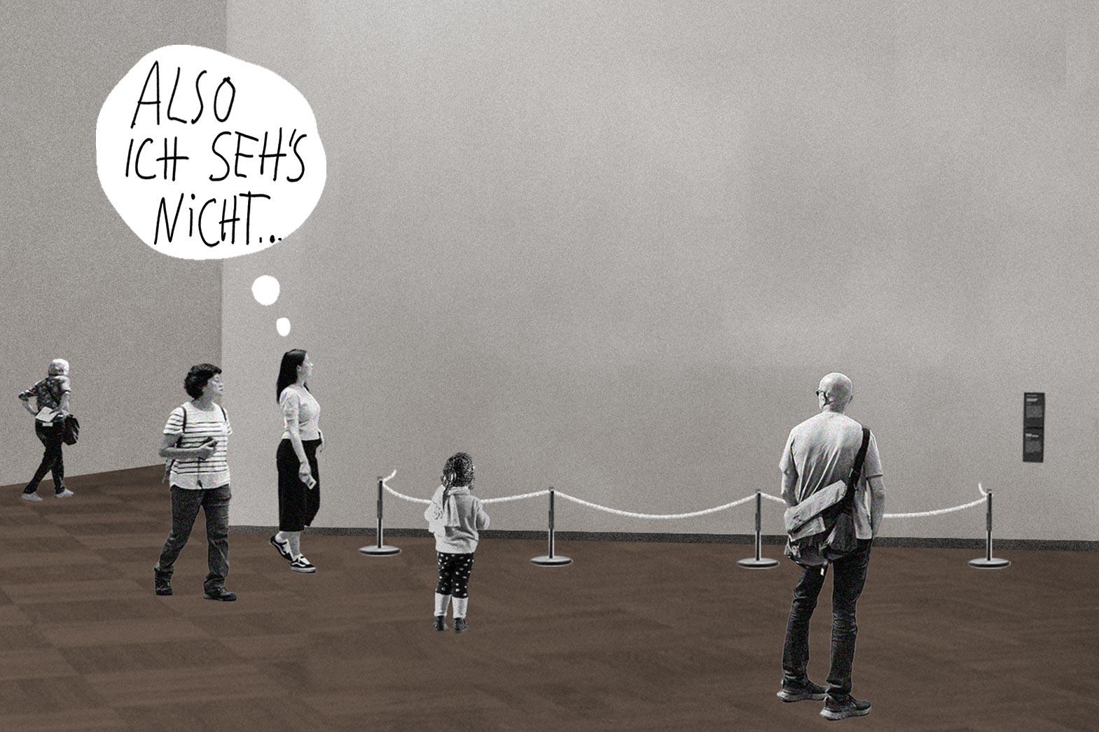 Grafik mit Besuchern vor einer leeren Museumswand
